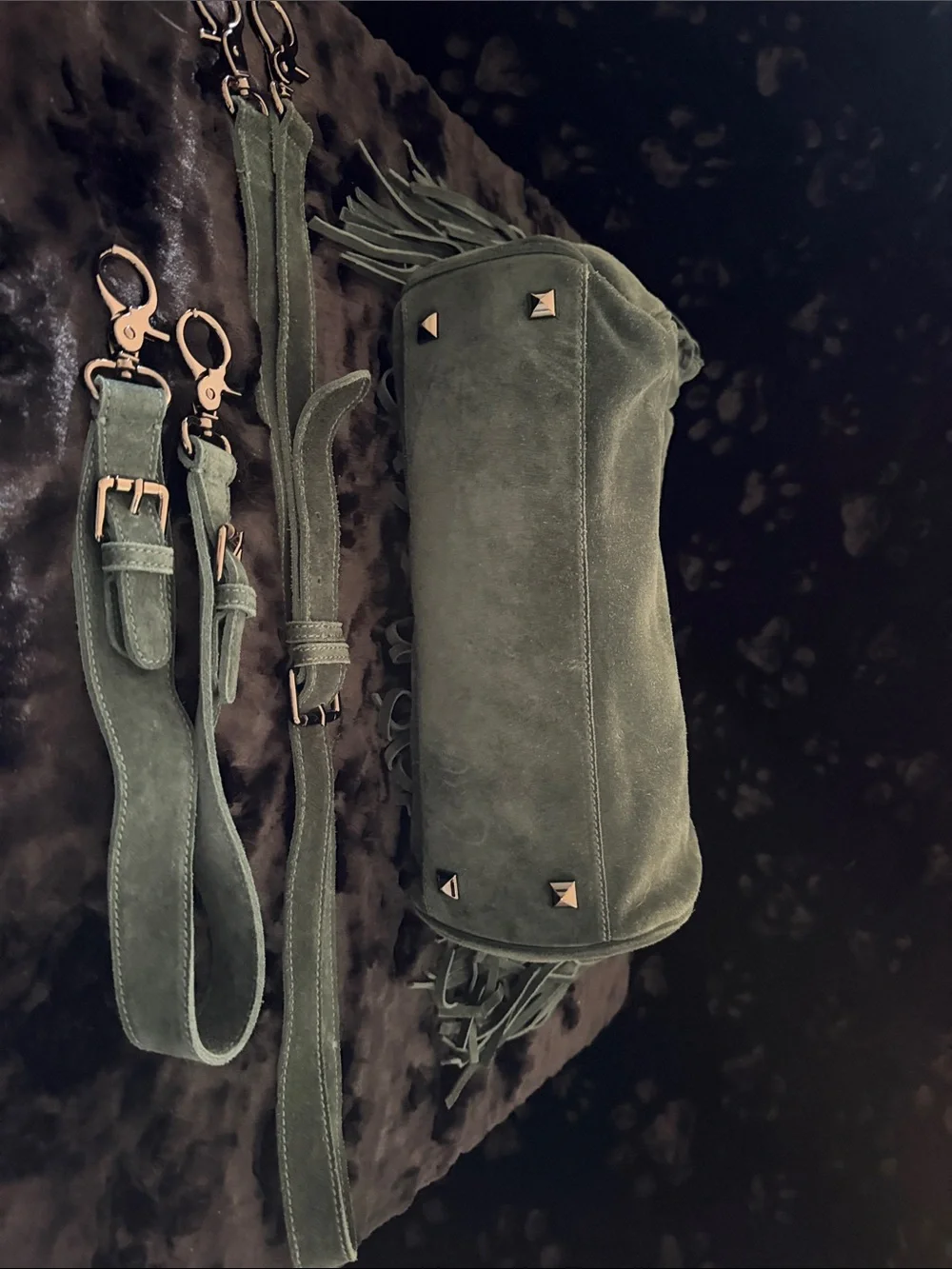 Sorial Dark Olive Suede Fringe Crossbody/shoulder handbag with two Straps